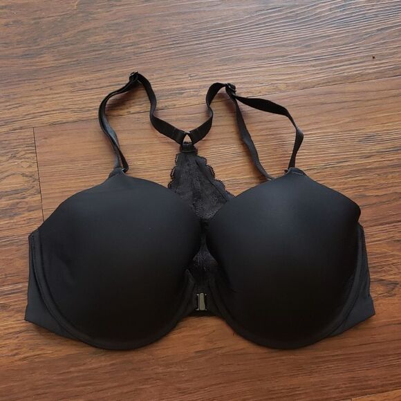 Victorias Secret Front Clasp Black Lace Racerback Perfect Coverage Bra Size 34D - Picture 1 of 4